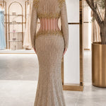 Long Sleeve Sequin Illusion Corset Evening Gown