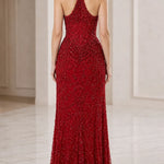 Halter Neck Corset Sequin Evening Gown with Thigh Slit