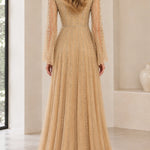 Sequined High-Neck Long Sleeve Evening Gown with Bell Sleeves