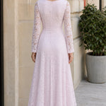 Square Neck Floral Lace Long Sleeve Midi Dress with Crystal Buttons