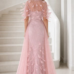 Feather Applique Sequin Embroidered Evening Gown with Tulle Overskirt