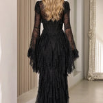 Gothic Lace Corset Maxi Dress with Dramatic Bell Sleeves and Tiered Ruffle Skirt