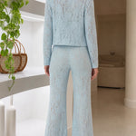 Floral Lace Two-Piece Pant Suit Set with Stand Collar Jacket and Flare Trousers