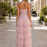 Halter Neck Ruched Bodice Tiered Sequin Tulle Maxi Evening Gown