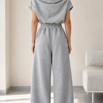 Women's Cowl Neck Short Sleeve Top and Wide Leg Sweatpants Loungewear Set