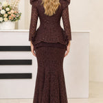 Women's Elegant Long Sleeve Lace Mermaid Formal Dress with Peplum Waist