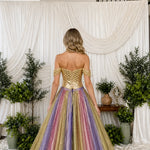 Off-The-Shoulder Mirrored Bodice Pleated Ball Gown with Shimmer Skirt