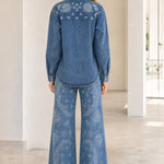 Vintage Paisley Print Denim Shirt and Wide-Leg Pants Set