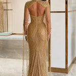 Sequined Beaded Mermaid Evening Gown with Beaded Fringe Capelet