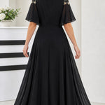 Elegant V-Neck Flutter Sleeve Chiffon Maxi Evening Dress with Embellished Waist