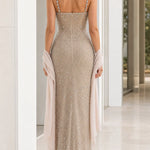 Sparkling Beaded Ruched Waist Maxi Evening Gown with Matching Shawl