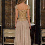 Cap Sleeve Beaded Bodice Pleated Chiffon Evening Gown