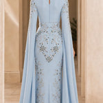 Embellished Cape Sleeve Evening Gown with Front Slit