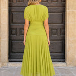 Elegant V-Neck Ruched Midi Dress with Pleated Skirt