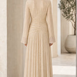 Elegant Pleated Shimmer Long Sleeve Maxi Dress with Waist Tie