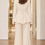 Floral Appliqué Peplum Blazer and Wide-Leg Pantsuit Set