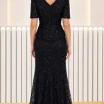 Sequined Embroidered Peplum Evening Gown with Short Sleeves
