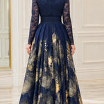 Metallic Floral Lace Long Sleeve Evening Gown with Beaded Waist