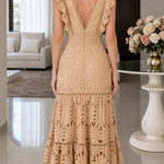 Floral Embroidered Lace Tiered Maxi Dress with Ruffle Sleeves