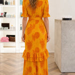 Paisley Print Belted Maxi Dress with Tiered Ruffle Hem and Flutter Sleeves
