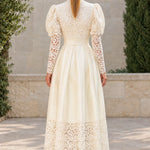 Floral Lace Puff Sleeve Belted Satin Maxi Dress