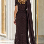 Sequin Mermaid Evening Gown with Draped Chiffon Cape