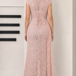Draped V-Neck Sequin Lace Evening Gown with Front Slit and Corset Back