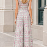 Sleeveless Mandarin Collar Jacquard Maxi Jumpsuit with Slit Overlay