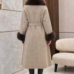 Women's Elegant Faux Fur Trim Belted Long Wool-Blend Overcoat