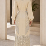 Sequin & Beaded Belted Maxi Gown with Bishop Sleeves