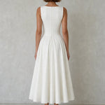 Elegance Sleeveless Pleated Midi Dress with Button Details
