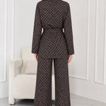 Women's Geometric Print Belted Blazer and Wide-Leg Pants Set