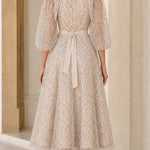 Cold Shoulder Embroidered Lace Midi Dress with Puff Sleeves and Tie Waist