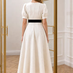 Women's Textured Puff Sleeve A-Line Midi Dress with Velvet Waist Tie
