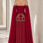 Off-the-Shoulder Embroidered Cape Evening Gown