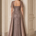 Sequin Beaded Evening Gown with Fringe Tassel Sleeves and Satin Overskirt Train