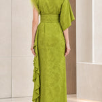 Floral Jacquard Asymmetrical Maxi Dress with Embellished Neckline