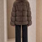 Stand Collar Paneled Faux Fur Plush Winter Jacket