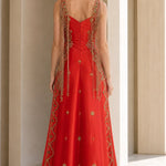 Embellished Strapless Evening Gown with Cascading Fringe Detail