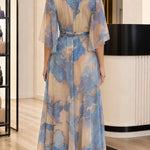 Floral Chiffon V-Neck Maxi Dress with Embellished Waist and Flutter Sleeves