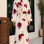 Floral Print High Neck Long Sleeve Maxi Dress with Back Tie
