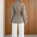 Women's High Neck Belted Short Trench Jacket with Lantern Sleeves