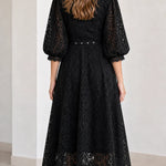 Floral Lace Puff Sleeve Scalloped Neck A-Line Midi Dress