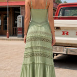 Boho Corset Bodice Tiered Maxi Dress with Lace Insets and Front Slit