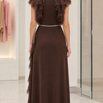Elegant Lace Ruffle Accent Maxi Dress with Tassel Belt