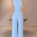 Chic Notched Neckline Wide-Leg Jumpsuit with Gold Hardware Belt