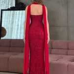 Strapless Sweetheart Sequin Mermaid Evening Gown with Chiffon Cape Scarf