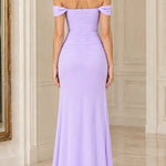 Off-the-Shoulder Ruched Formal Evening Gown with Beaded Applique