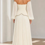 Off-The-Shoulder Beaded Scallop Choker Pleated Maxi Evening Gown