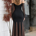 Cold-Shoulder Sheer Sleeve Mermaid Maxi Dress with Sparkle Inset Skirt